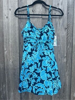 Swim Solutions Blue Floral Swim Dress Tummy Control Size 10 NWT